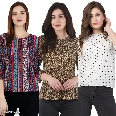 THE LION'S SHARE Women's Printed Crepe Designer Regular Wear Round Neck Top Pack of 03 .(L) 308