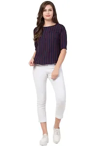 THE LION'S SHARE Women's Crepe Striped 3/4 Sleeve Casual Round Neck Blue Regular Western Top for Women and Girls-thumb2