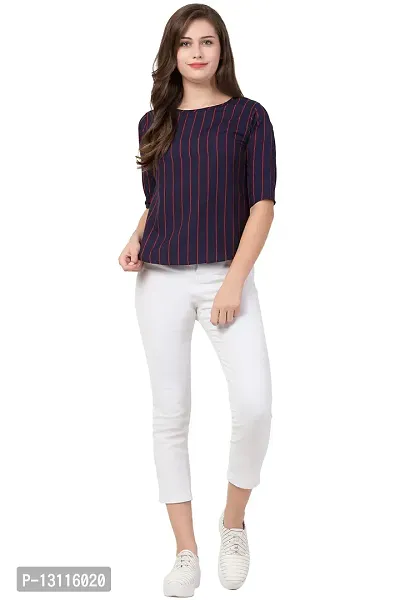 THE LION'S SHARE Women's Crepe Striped 3/4 Sleeve Casual Round Neck Blue Regular Western Top for Women and Girls-thumb3