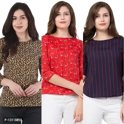 THE LION'S SHARE Women's Printed Crepe Designer Regular Wear Round Neck Top Pack of 03 .(M) 32-thumb0