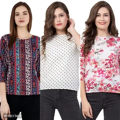 THE LION'S SHARE Women's Printed Crepe Designer Regular Wear Round Neck Top Pack of 03 .(XL) 174