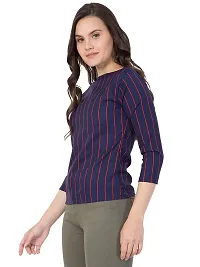 THE LION'S SHARE Women's Crepe Striped 3/4 Sleeve Casual Round Neck Blue Regular Western Top for Women and Girls-thumb2