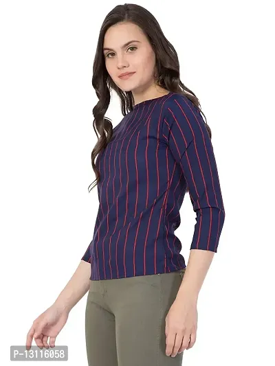 THE LION'S SHARE Women's Crepe Striped 3/4 Sleeve Casual Round Neck Blue Regular Western Top for Women and Girls-thumb3