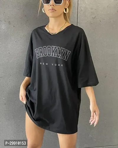 Elegant Black Cotton Blend Printed Oversized Tshirt For Women-thumb0