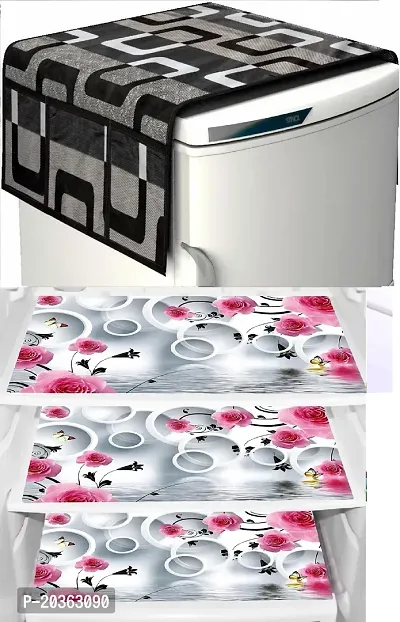 Combo of Kitchen Combo Fridge Top Cover(21 X 39 Inches), Fridge Handle Covers (12 X 6 Inches)Fridge Mats (11 X 17 Inches),  (Black Leaf 42)