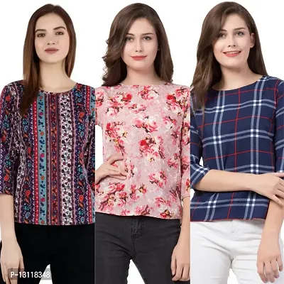 THE LION'S SHARE Women's Printed Crepe Designer Regular Wear Round Neck Top Pack of 03 .(XXL) 165