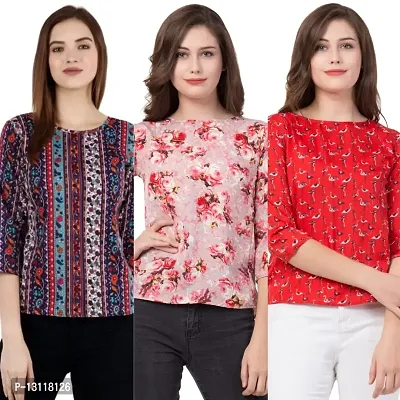 THE LION'S SHARE Women's Printed Crepe Designer Regular Wear Round Neck Top Pack of 03 .(M) 157