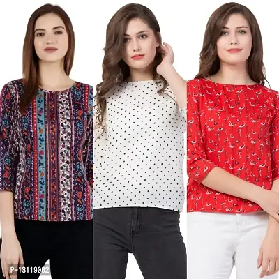 THE LION'S SHARE Women's Printed Crepe Designer Regular Wear Round Neck Top Pack of 03 .(XXL) 200