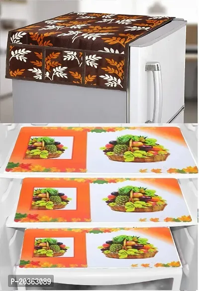 Combo of Kitchen Combo Fridge Top Cover(21 X 39 Inches), Fridge Handle Covers (12 X 6 Inches)Fridge Mats (11 X 17 Inches),  (Black Leaf 42)