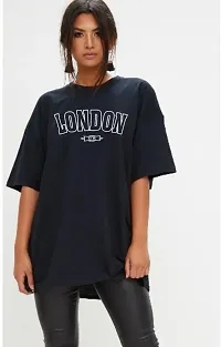 Elegant Black Cotton Blend Printed Oversized Tshirt For Women-thumb1