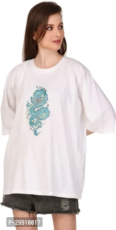 Elegant White Cotton Blend Printed Oversized Tshirt For Women-thumb0