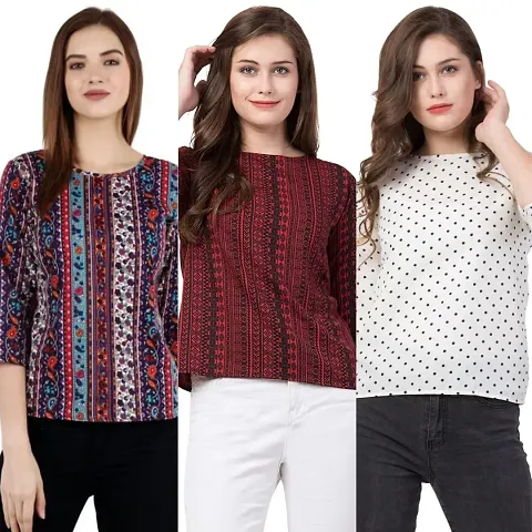 THE LION'S SHARE Women's Printed Crepe Designer Regular Wear Round Neck Top Pack of 03
