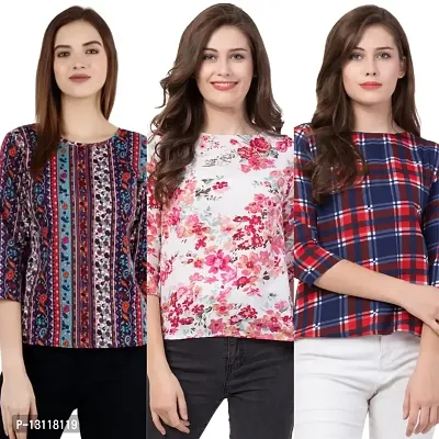 THE LION'S SHARE Women's Printed Crepe Designer Regular Wear Round Neck Top Pack of 03 .(S) 236