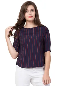 THE LION'S SHARE Women's Crepe Striped 3/4 Sleeve Casual Round Neck Blue Regular Western Top for Women and Girls-thumb3