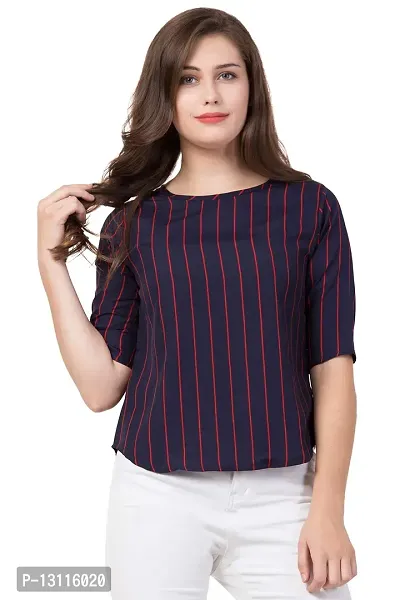 THE LION'S SHARE Women's Crepe Striped 3/4 Sleeve Casual Round Neck Blue Regular Western Top for Women and Girls-thumb4