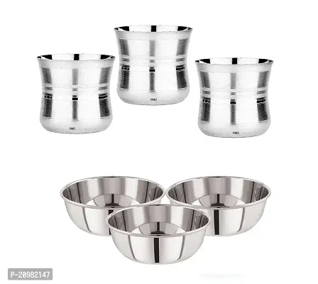 Drinking Water/Milk/Lassi/Juice Glasses 3 Pcs with 3 Pcs Vegitable/Ice-Cream/Sweets Bowls 3 Pcs Stainless Steel Combo Pack of 6-thumb0