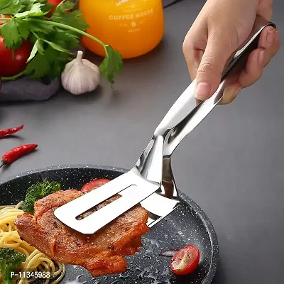 MobFest? Stainless Steel Food Vegetables Frying Grilling Barbecue BBQ Steak Pizza Salad Sandwich Serving Double Clip Kitchen Tong - 10 Inch