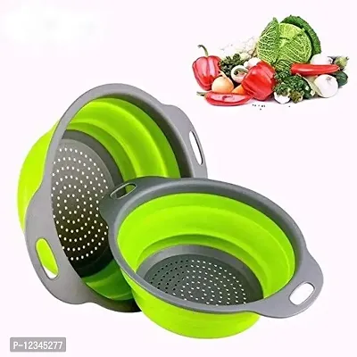 MobFest Silicone Folding Round Food Strainer Bowl for Kitchen, Collapsible Colander, Fruits Vegetables Washing Basket Pack of 2, Random Color-thumb0