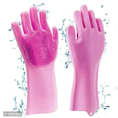 MobFest? Cleaning Sponge Gloves, Dishwashing Gloves, Silicone Reusable Cleaning Brush Heat Resistant Scrubber Gloves for Housework, Kitchen Clean Wet and Dry Glove Set&nbsp;&nbsp;(Free Size 1 Pair)-thumb0