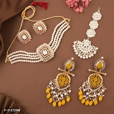 Combo Of 1 Choker Set With 2 Pair Of Earrings And Maang Tikka Set For Women-thumb0