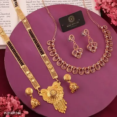 Stylish Golden Brass Neckless Set And Mangalsutra With Earring Pack Of 2-thumb0