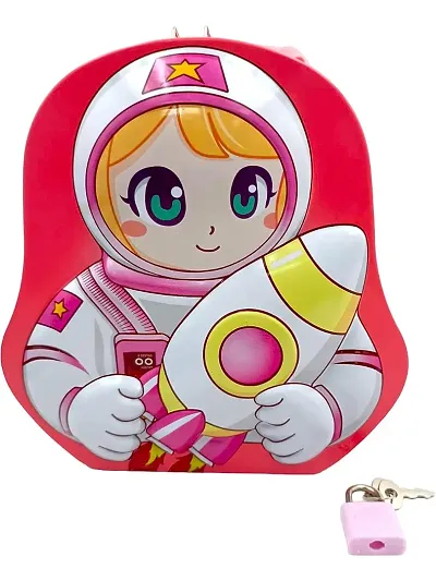 Space Girl Piggy Bank Astronaut Metal Theme Coin Bank Box,Piggy Bank,Money Saving Box for Kids with Lock and 2 Keys Coin Bank - Pink