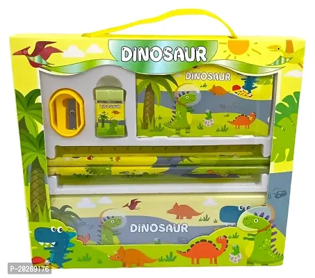 Dinosaur Stationery Set for Boys Girls Kids School Supplies 1Pencil Box/2Pencil/1 Scale/1Sharpner/1Eraser/1DrawingBook for Birthday Return Gift-thumb0