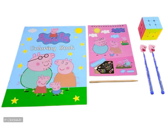 HARBAN MART Peppa Pig Coloring Book with Pepa Scratchbook with Wooden Pencil and Pepa Pig Pencil with Cube Set for kids birthday return gift combo