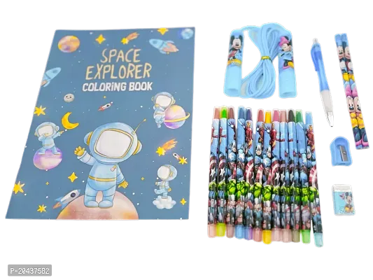 HARBAN MART Space Theme Coloring Book with rolling crayon set and micky stationery set return gift combo for kids boys girls and school supplies stationery
