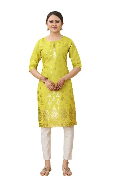 MR collections trendy Lemon yellow color foil print kurti