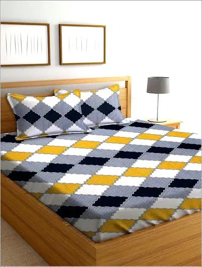 Damac Queen Fitted with Elastic Strips Plaid Designed Bedsheet with 2 Pillow Cover Fits Upto 6-8 Inches Mattresses, (Multicolour, Pack of 3, 78X72 Inches)