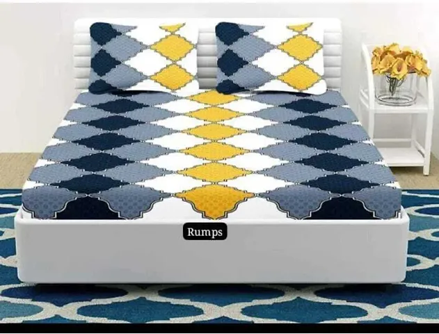 Vevique 200 TC 100% Cotton Geometric Print Mix N Match Bedsheet for Double Bed with 2 Pillow Bed Cover | Blue and Yellow | Bedsheet Size - 90 * 100 inch | Pillow Size - 17 * 27 inch