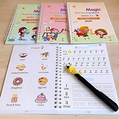 GARGLUXZ Magic Practice Copybook (4 Book+ 10 Refill + 1 Pen + 1 Grip) Number Tracing Book for Preschoolers with Pen Magic Calligraphy Practical Reusable Writing Tool Simple Hand Lettering Board book