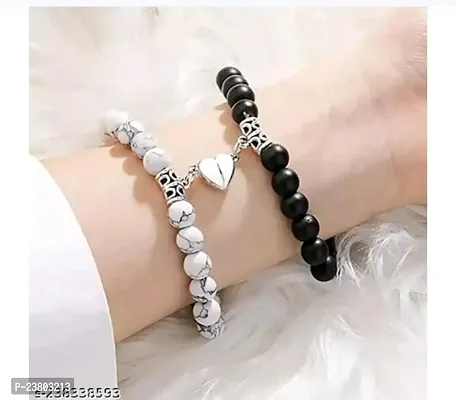 Magnetic Valentines Day Special Mutual Attraction Relationship Forever Matching Distance Broken Heart Shape Romantic Love Couples Friendship Promise 2 In 1 Duo white Black Beads Stone Moti Bracelets-thumb0