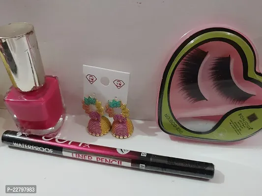 Combo Pack Of Waterproof Liner, Nailpaint And One Pair Of False Eyelashes Very Good Quality Of Makeup Products And A Pair Of Multicoloured Jhumka.