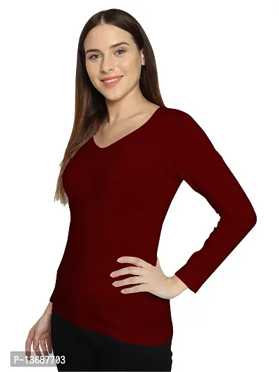 Fasska Women's Plain Full Sleeve V-Neck T-Shirt Basic Casual Regular Cotton Tops (Small, Maroon)-thumb5
