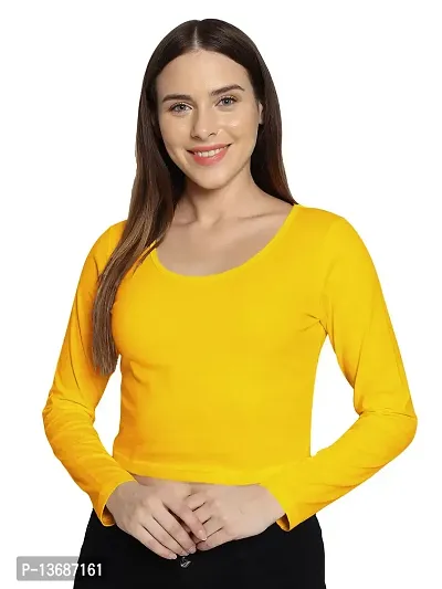 Fasska Women's Full Sleeve Scoop Neck Solid Hipcut Tees Crop Tops (Golden Yellow, X-Large)