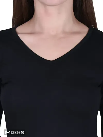 Fasska Women's Plain Full Sleeve V-Neck T-Shirt Basic Casual Regular Cotton Tops (Medium, Black)-thumb3