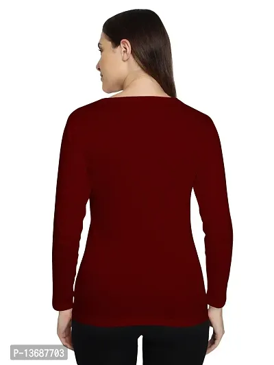 Fasska Women's Plain Full Sleeve V-Neck T-Shirt Basic Casual Regular Cotton Tops (Small, Maroon)-thumb2