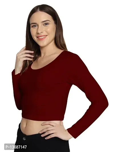 Fasska Women's Full Sleeve Scoop Neck Solid Hipcut Tees Crop Tops (Maroon, Large)-thumb5