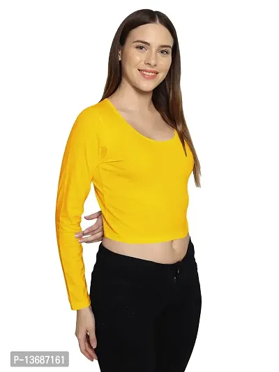 Fasska Women's Full Sleeve Scoop Neck Solid Hipcut Tees Crop Tops (Golden Yellow, X-Large)-thumb4