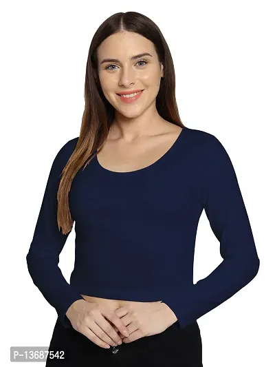 Fasska Women's Full Sleeve Scoop Neck Solid Hipcut Tees Crop Tops (Dark Blue, X-Large)-thumb0
