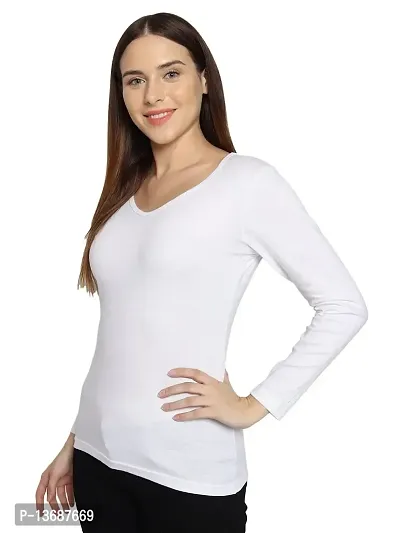 Fasska Women's Plain Full Sleeve V-Neck T-Shirt Basic Casual Regular Cotton Tops (Large, White)-thumb3