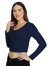 Fasska Women's Full Sleeve Scoop Neck Solid Hipcut Tees Crop Tops (Dark Blue, X-Large)-thumb4