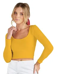 Fasska Women's Full Sleeve Scoop Neck Solid Hipcut Tees Crop Tops (Golden Yellow, Large)-thumb2