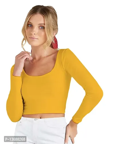 Fasska Women's Full Sleeve Scoop Neck Solid Hipcut Tees Crop Tops (Golden Yellow, Large)-thumb3
