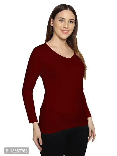 Fasska Women's Plain Full Sleeve V-Neck T-Shirt Basic Casual Regular Cotton Tops (Small, Maroon)-thumb4