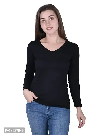 Fasska Women's Plain Full Sleeve V-Neck T-Shirt Basic Casual Regular Cotton Tops (Medium, Black)