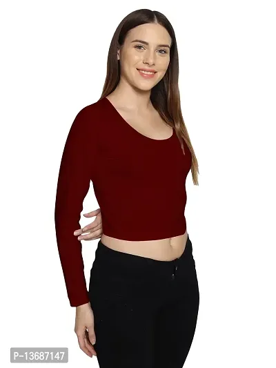 Fasska Women's Full Sleeve Scoop Neck Solid Hipcut Tees Crop Tops (Maroon, Large)-thumb4