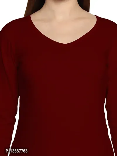 Fasska Women's Plain Full Sleeve V-Neck T-Shirt Basic Casual Regular Cotton Tops (Small, Maroon)-thumb3